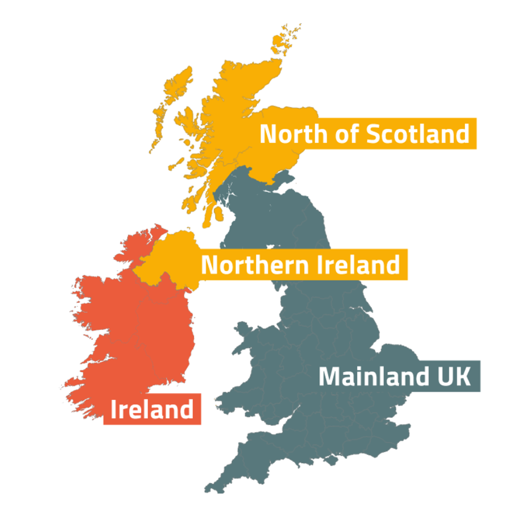 Delivery zones for Mainland UK, North of Scotland & Northern Ireland, and Ireland