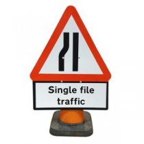 Cone Sign Road Narrows Left with 'Single File Traffic' Plate