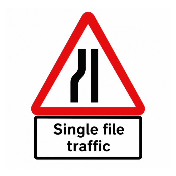 Cone Sign Road Narrows Left with 'Single File Traffic' Plate - 750mm