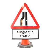 Cone Sign Road Narrows Left with 'Single File Traffic' Plate - 750mm