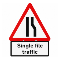 Cone Sign Road Narrows Right with 'Single File Traffic' Plate