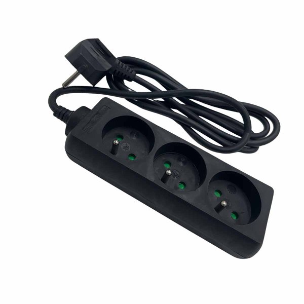 Power strip 2P+T 3 outlets black 1.5m long