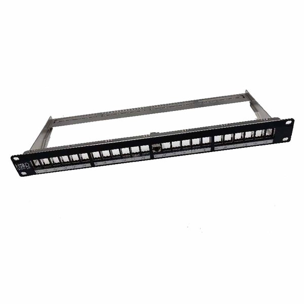 24-Port RJ45 Patch Panel 1U Empty Black for FTP & UTP Connectors + Rear Support HSD