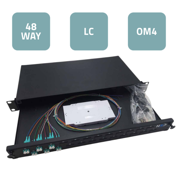 Sliding 19” Patch Panel 1U – 24 LCU DX OM4 with 3 LCU DX & 6 Pigtails