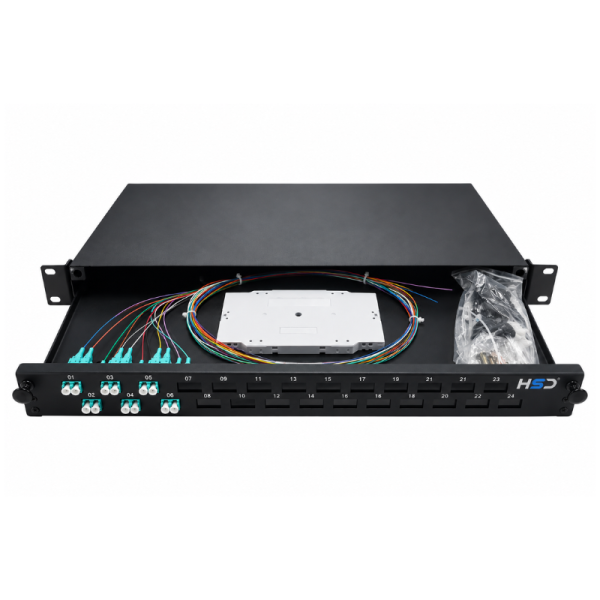 Sliding 19” Patch Panel 1U – 24 LCU DX OM4 with 3 LCU DX & 6 Pigtails