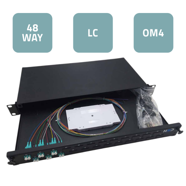 Sliding 19” Patch Panel 1U – 24 LC/UPC Duplex OM4 with 12 Adaptors & 24 Pigtails