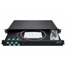 Sliding 19” Patch Panel 1U – 24 LC/UPC Duplex OM4 with 12 Adaptors & 24 Pigtails