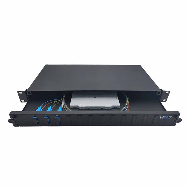 Sliding 19" Drawer 1U 12 SCU DX G.657A2 equipped with 3 SCU DX pass-throughs 6 pigtails