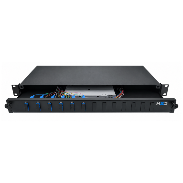 Sliding 19” Patch Panel 1U – 12 SC/UPC Duplex G.657A2 with 6 Adaptors & 12 Traversing Pigtails