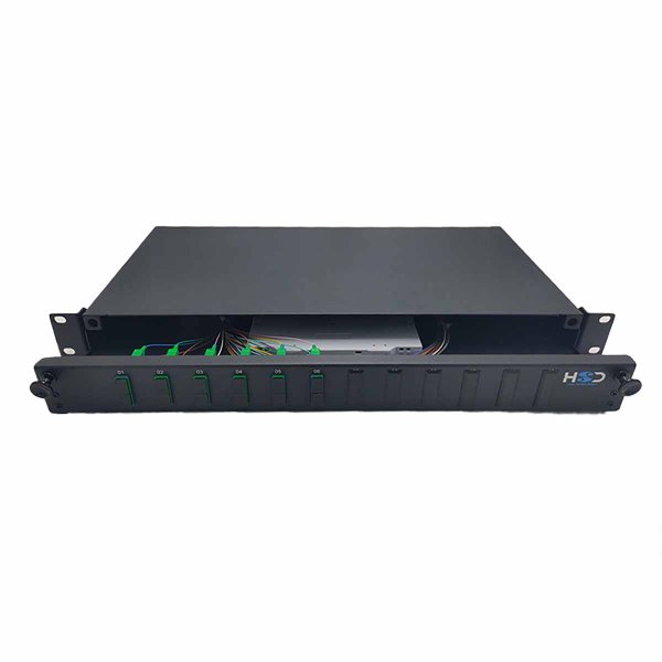 Sliding 19" drawer 1U 12 SC DX G.657A2 equipped with 6 SCA DX adapters and 12 pigtails