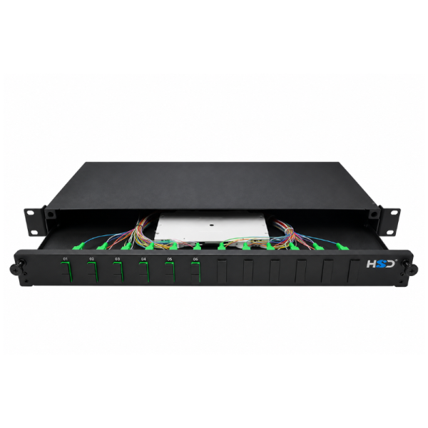 Sliding 19" Patch Panel 1U SM 48 Way 6 DX SC/APC Adaptors with Pigtails