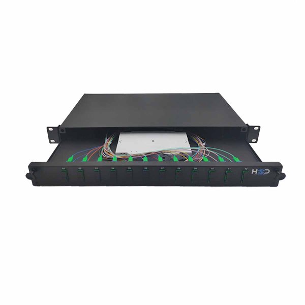 Sliding 19" Drawer 1U 12 SC DX G.657A2 equipped with 12 SCA DX couplers and 24 pigtails