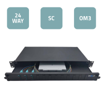 Sliding 19″ Patch Panel 1U 12 SC Duplex OM3 with 3 SC Duplex pass-throughs 6 Pigtails