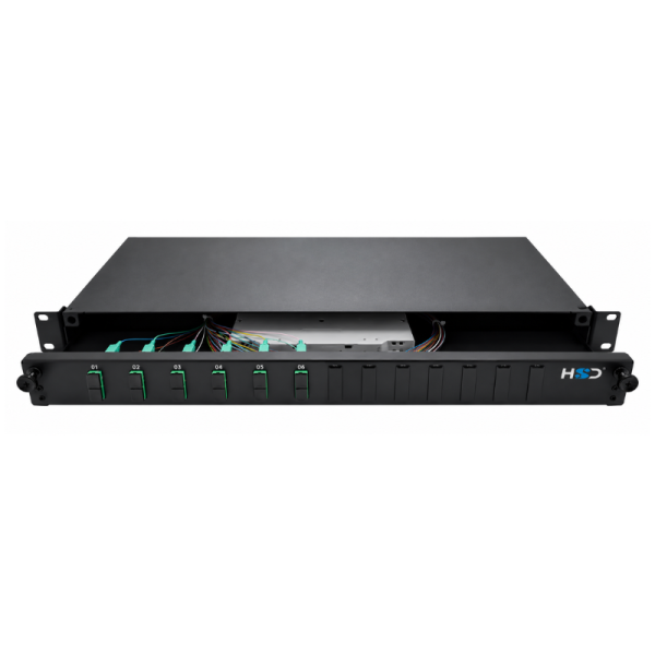Sliding 19" Patch Panel 1U 12 SC Duplex OM3 with 3 SC Duplex pass-throughs 6 Pigtails