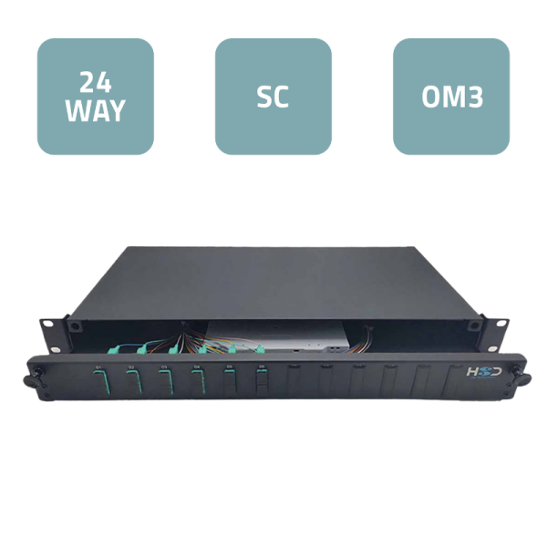 Sliding 19” Patch Panel 1U – 12 SC Duplex OM3 with 6 SC Duplex Adaptors & 12 OM3 Pigtails