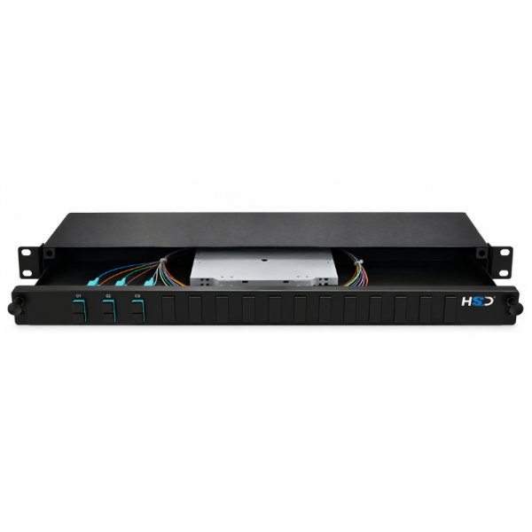 Sliding 19” Patch Panel 1U – 12 SC Duplex OM4 with 3 Trays & 6 OM4 Pigtails