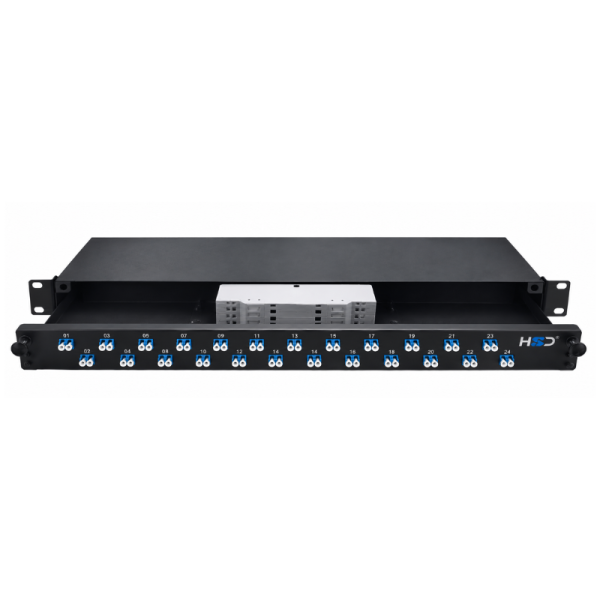 Sliding 19” Patch Panel 1U – 24 LCU DX Single-mode with 24 LCU DX Sleeves