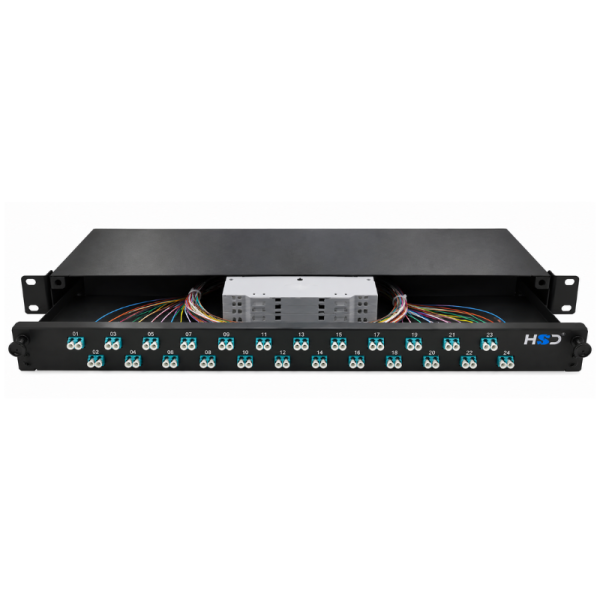 Sliding 19” Patch Panel 1U – 24 LCU DX Multimode with 24 LCU DX Through Connectors