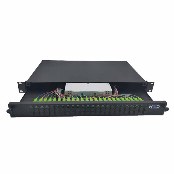 Sliding 19" Drawer 1U 24 SCU DX G.657A2 equipped with 24 SCA DX troughs 48 pigtails
