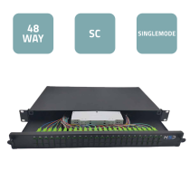 Sliding 19” Patch Panel 1U – 24 SCU DX G.657A2 with 24 SCA DX Throughs & 48 Pigtails