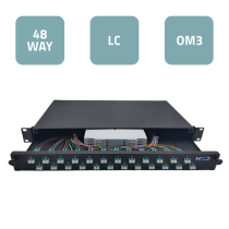 19” Sliding Patch Panel 1U – 24 LC/UPC Duplex OM3 with 48 OM3 Pigtails