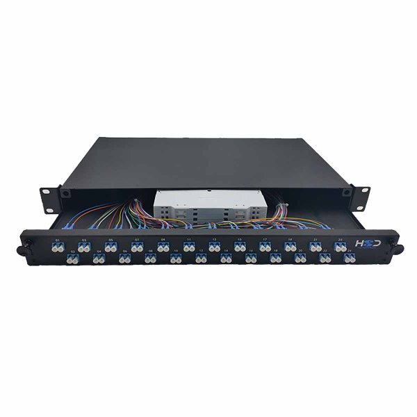 19" Sliding Drawer 1U 24 LCU DX G.657A2 equipped with 24 LCU DX fibers