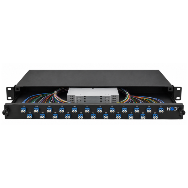 19” Sliding Patch Panel 1U – 24 LCU DX G.657A2 with 24 LCU DX Fibres