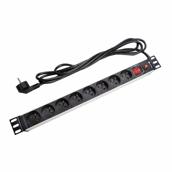 PDU 19" 1U power strip 8 sockets 2P+T switch Fuse Lg 3m