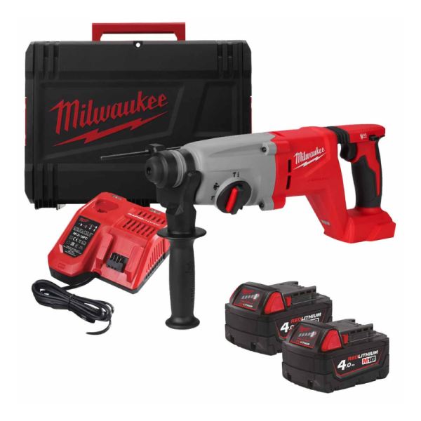 Milwaukee M18™ Brushless 26mm SDS-plus Hammers D-Handle with 2 x 4.0Ah Batteries, Charger & HD Box M18BLHACD26-402X